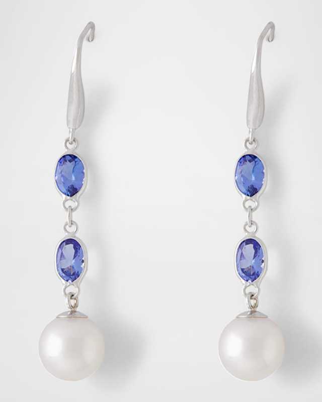 18K White Gold 8.5mm Akoya Pearl and Tanzanite Drop Earrings